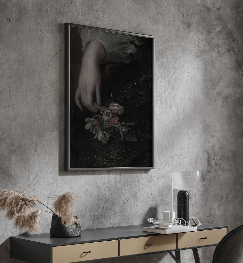 Floral Embrace A Handful Of Gothic Blooms Gothic Art Prints in Black Plain Frame placed on a wall behind a table