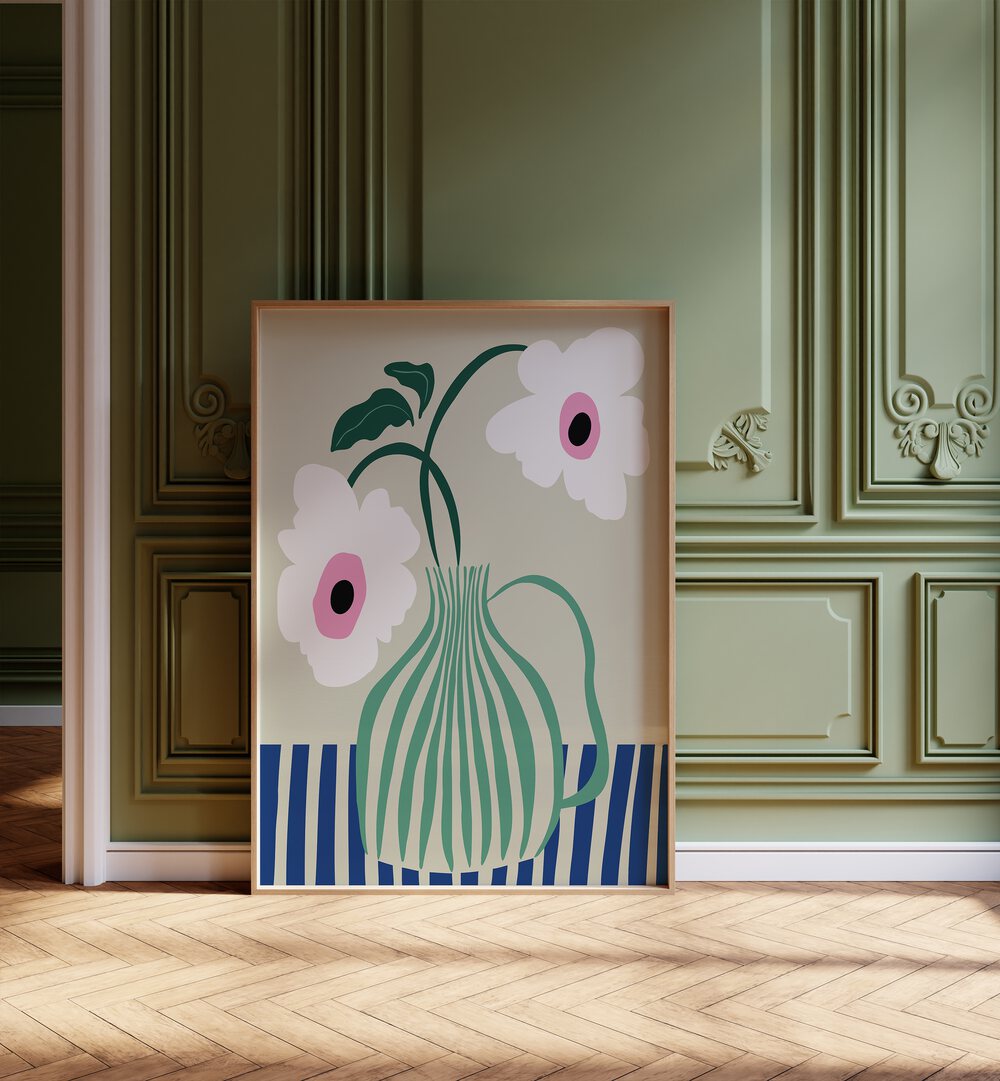 Floral Pottery Delight By Miho Art Studio Botanical Art Prints Floral Paintings in Oak Wood Plain Frame placed on the floor near a Green Colored Wall in the Alley Way