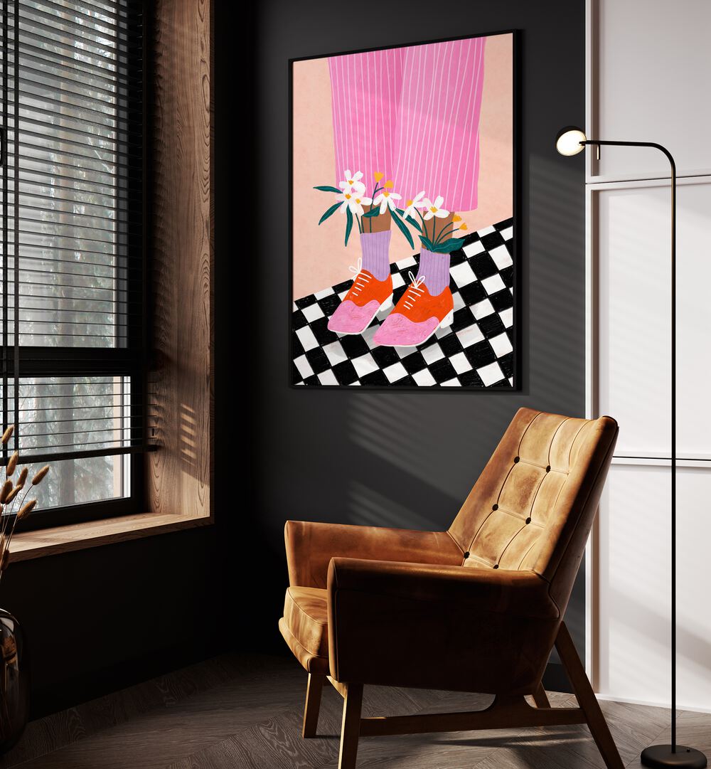 Floral Socks By Bea Muller Women Illustration Paintings in Black Plain Frame on a wall beside an orange sofa