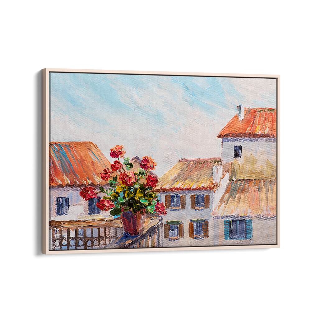 Brightly colored Floral Terrace, Vintage European Paintings featuring a vibrant flower pot and charming architecture.