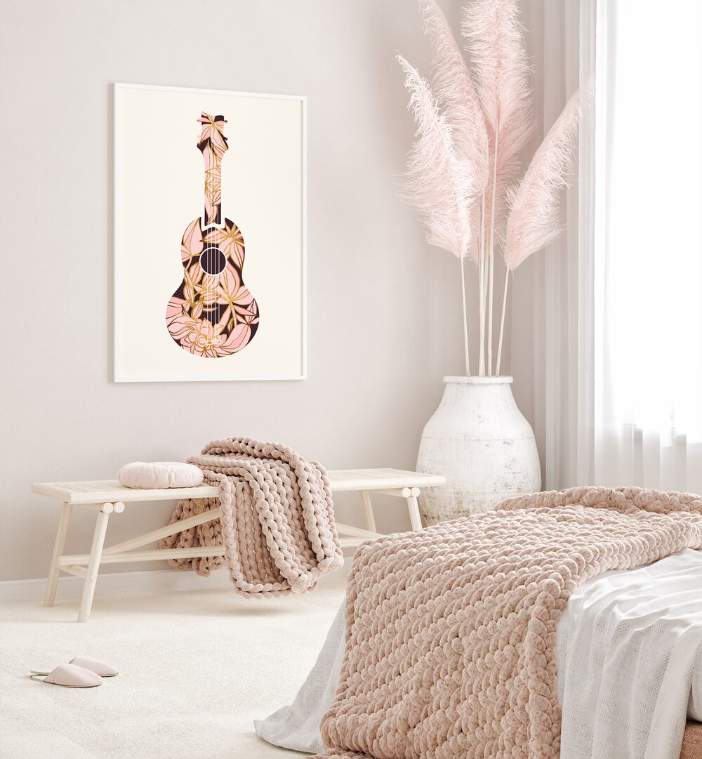 Floral Ukulele by Kristian Gallagher Kids Room Paintings in White Plain Frame placed on a wall behind a table for bedroom