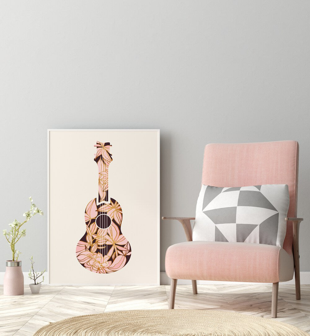 Floral Ukulele by Kristian Gallagher Kids Room Paintings in White Plain Frame placed on the floor beside a chair