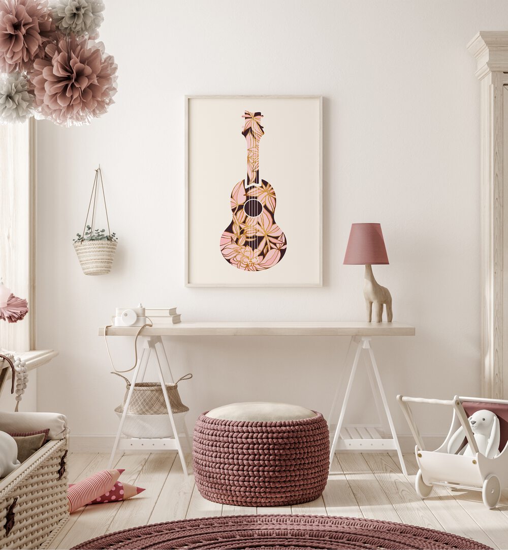 Floral Ukulele by Kristian Gallagher Kids Room Paintings in White Plain Frame placed on a wall behind a table for kids room