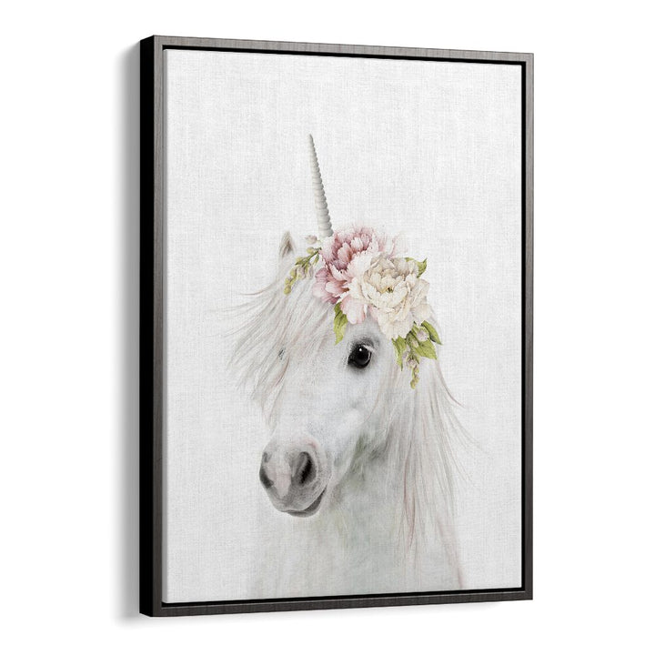 Floral Unicorn By Lola Peacock Kids Room Paintings in Black Floater Frame