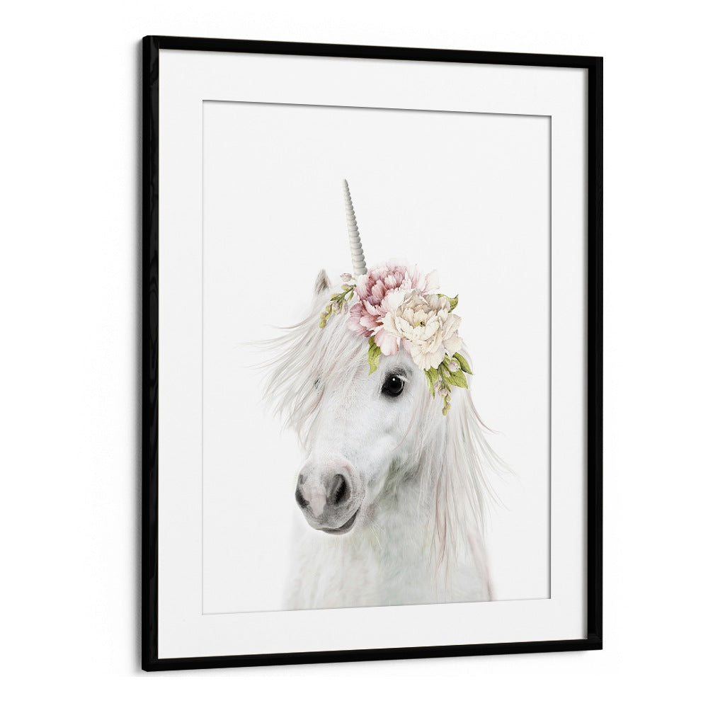 Floral Unicorn By Lola Peacock Kids Room Paintings in Black Frame With Mount