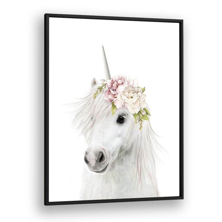 Floral Unicorn By Lola Peacock Kids Room Paintings in Black Plain Frame