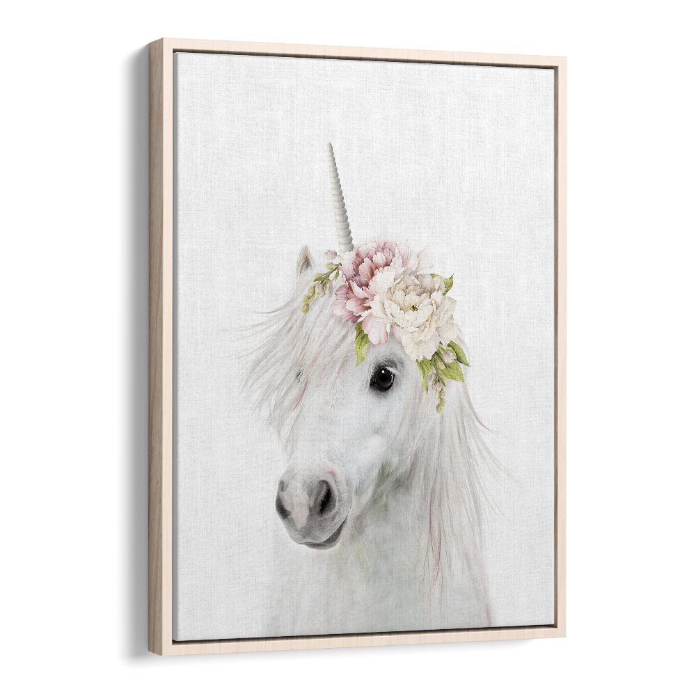 Floral Unicorn By Lola Peacock Kids Room Paintings in Oak Wood Floater Frame