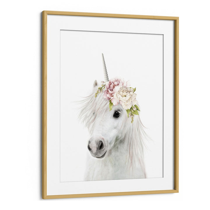 Floral Unicorn By Lola Peacock Kids Room Paintings in Oak Wood Frame With Mount