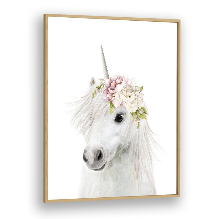 Floral Unicorn By Lola Peacock Kids Room Paintings in Oak Wood Plain Frame