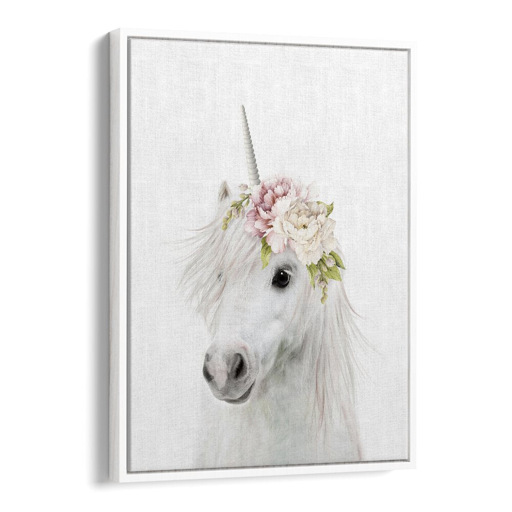 Floral Unicorn By Lola Peacock Kids Room Paintings in White Floater Frame