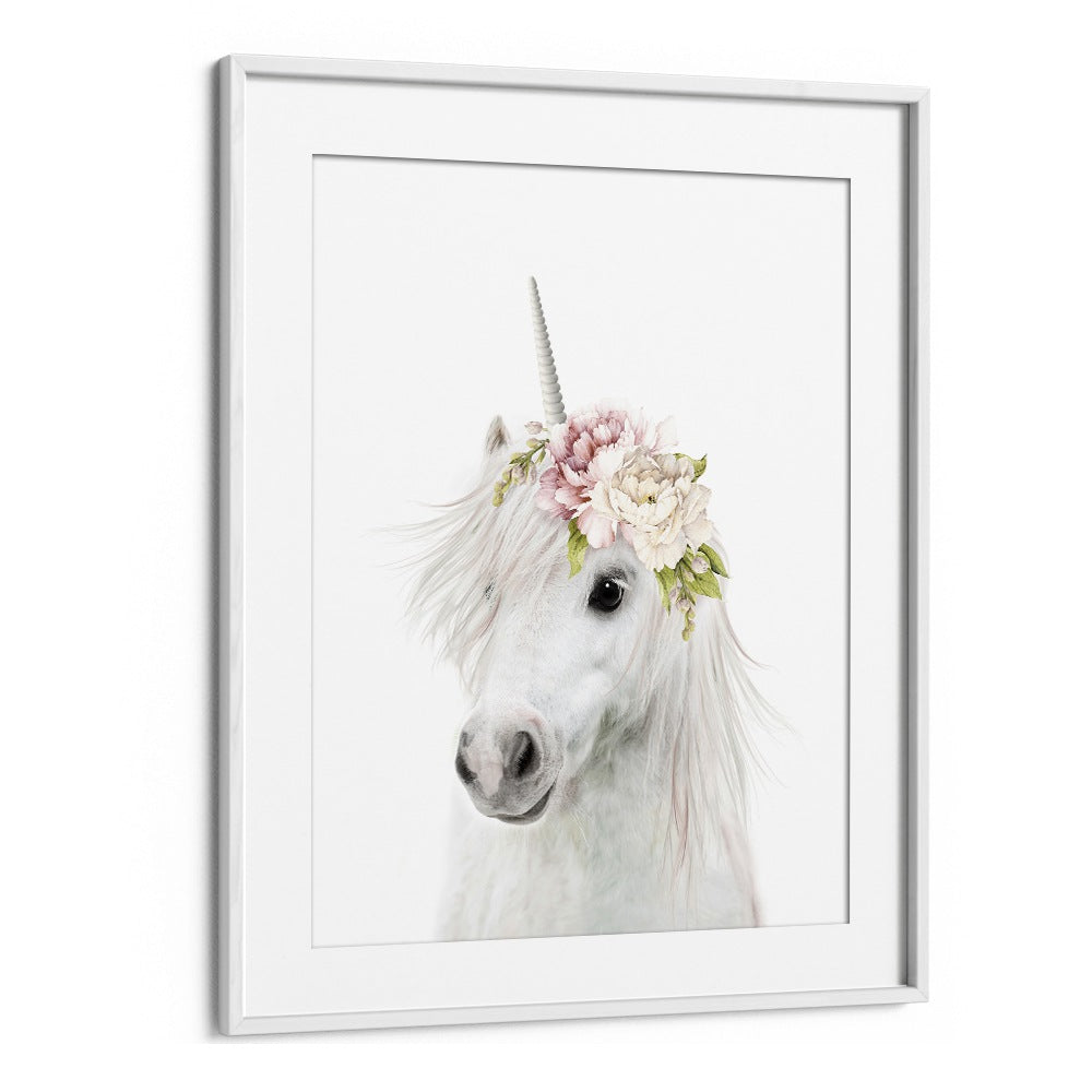 Floral Unicorn By Lola Peacock Kids Room Paintings in White Frame With Mount