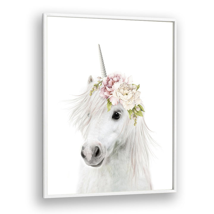 Floral Unicorn By Lola Peacock Kids Room Paintings in White Plain Frame