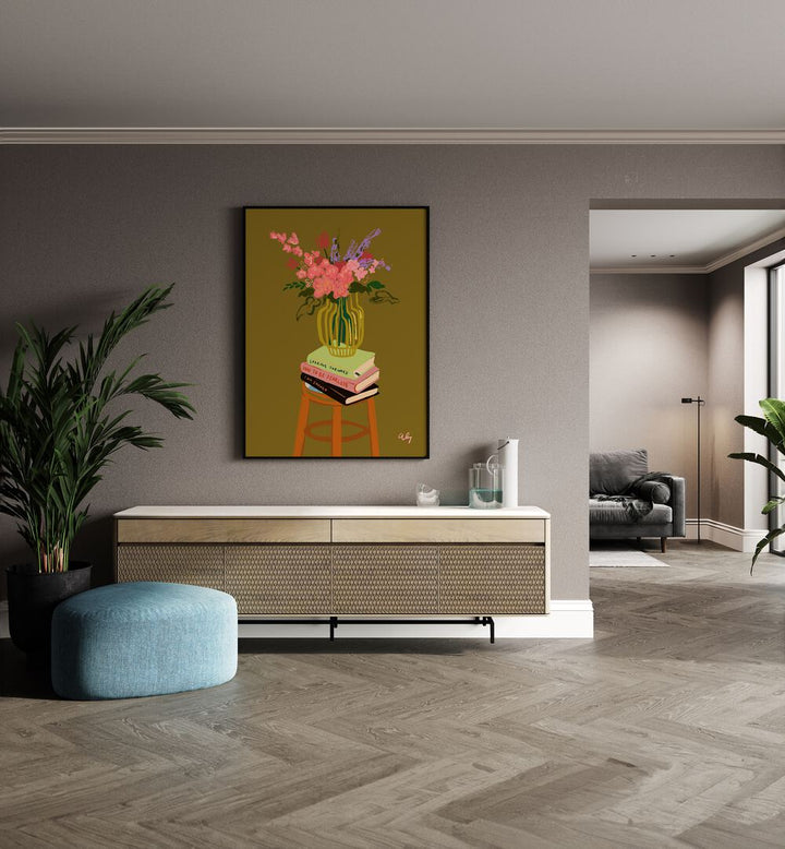 Floral Vase By Arty Guava Wall Art Prints in Black Plain Frame placed on a Beige Colored Wall above a Console Table in the Drawing Room