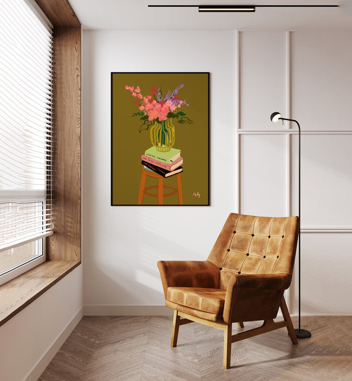 Floral Vase By Arty Guava Wall Art Prints in Black Plain Frame placed on a Cream Colored Wall in the Drawing Room