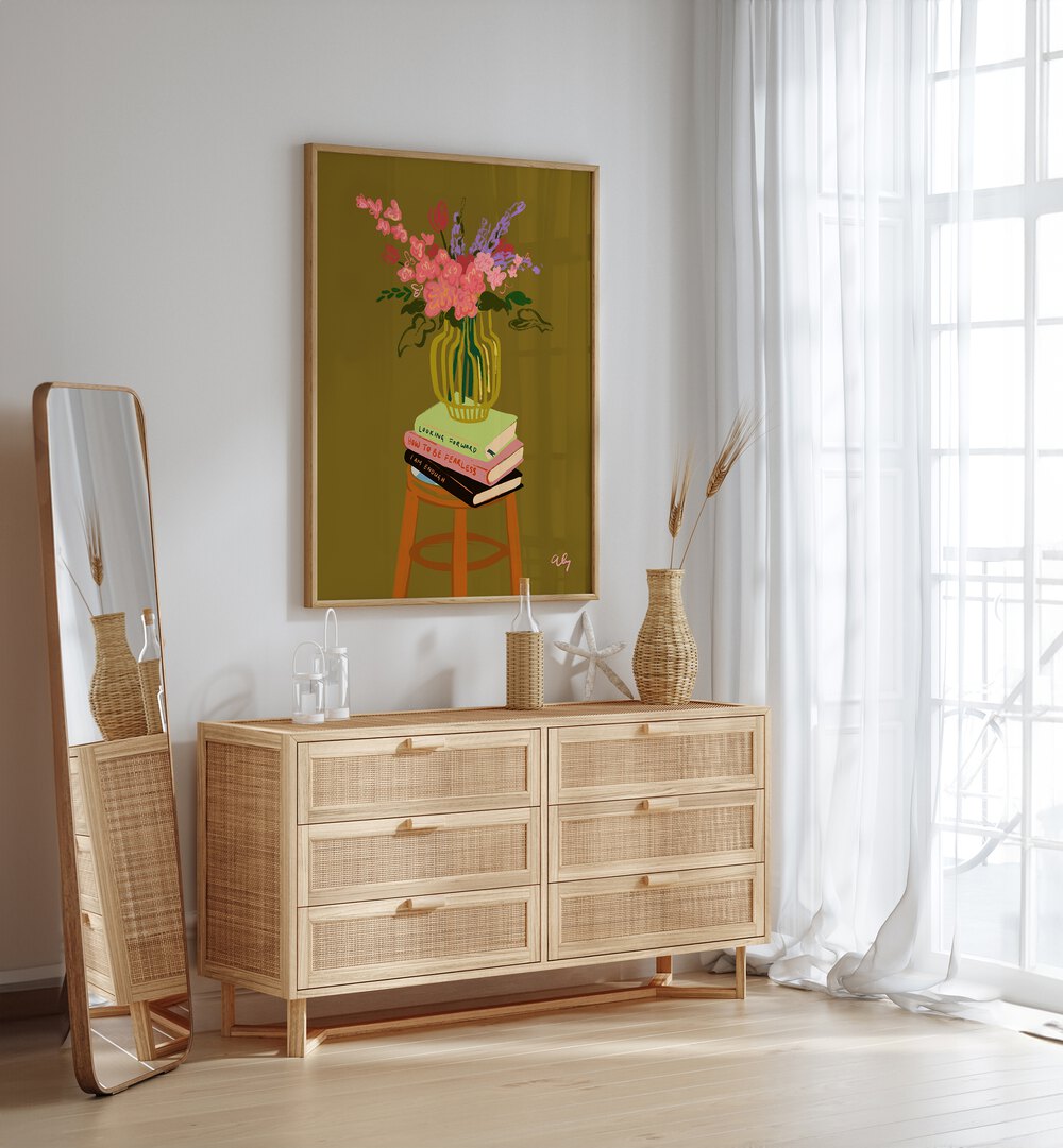 Floral Vase By Arty Guava Wall Art Prints in Oak Wood Plain Frame placed on a White Colored Wall above a Console Table in the Drawing Room 