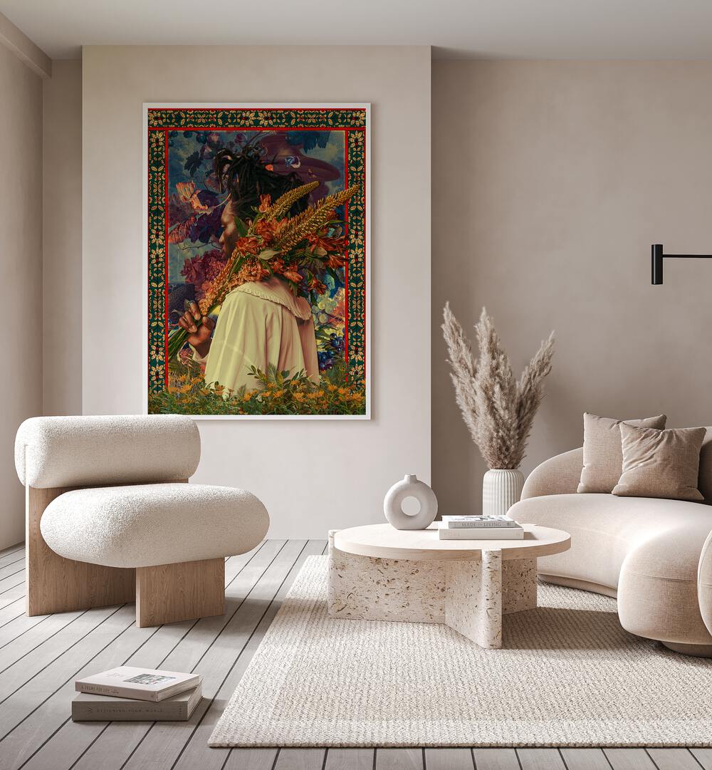 Flower Boy By Cosmo Zach Surreal Art Prints Surrealism in White Plain Frame placed on the wall behind a sofa