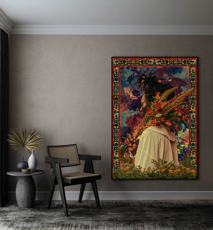 Flower Boy By Cosmo Zach Surreal Art Prints Surrealism in Black Plain Frame placed on the wall beside a chair