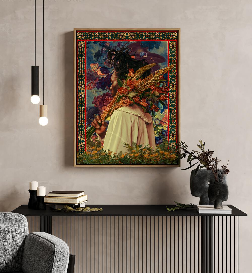 Flower Boy By Cosmo Zach Surreal Art Prints Surrealism in Oak Wood Floater Frame placed on the wall behind a table