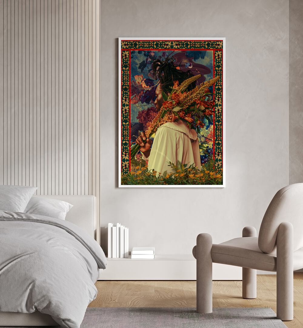 Flower Boy By Cosmo Zach Surreal Art Prints Surrealism in White Plain Frame placed on the wall beside a bed for bedroom