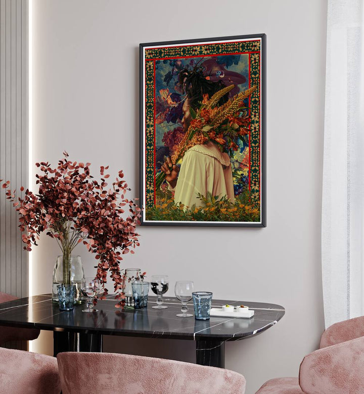 Flower Boy By Cosmo Zach Surreal Art Prints Surrealism in Black Plain Frame placed on the wall behind a dining table