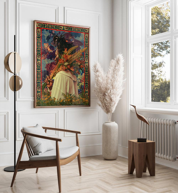 Flower Boy By Cosmo Zach Surreal Art Prints Surrealism in Oak Wood Plain Frame placed on the wall beside a window and a chair