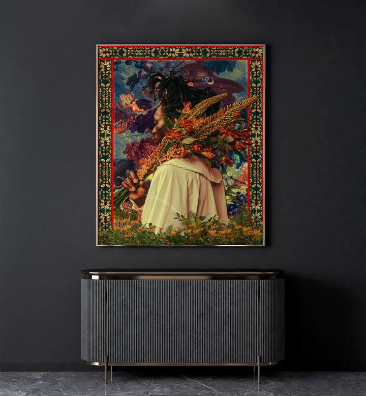 Flower Boy By Cosmo Zach Surreal Art Prints Surrealism in Oak Wood Plain Frame placed on the wall behind a console table