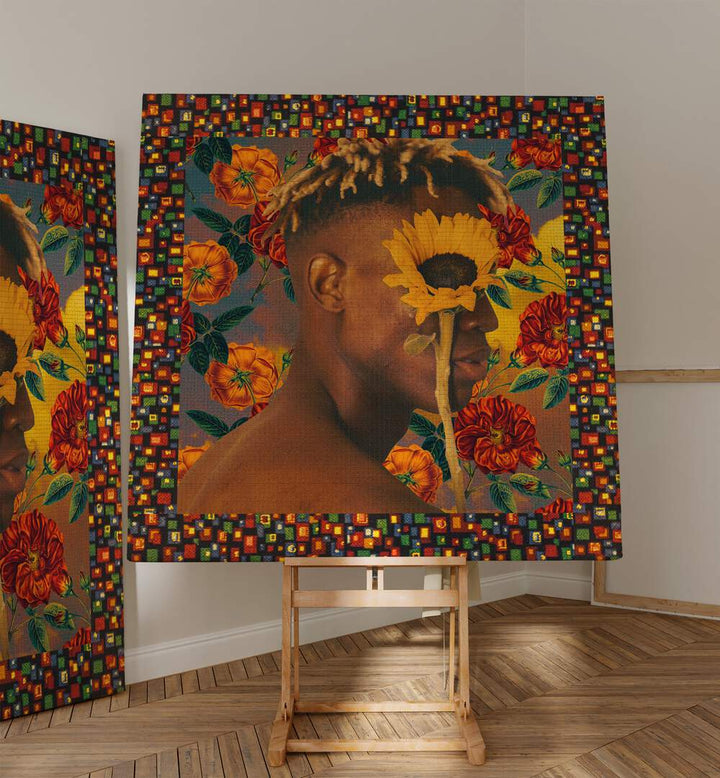 Flower Boy ii By Cosmo Zach Surreal Art Prints Surrealism in Gallery Wrap placed on a easel stand beside an artwork