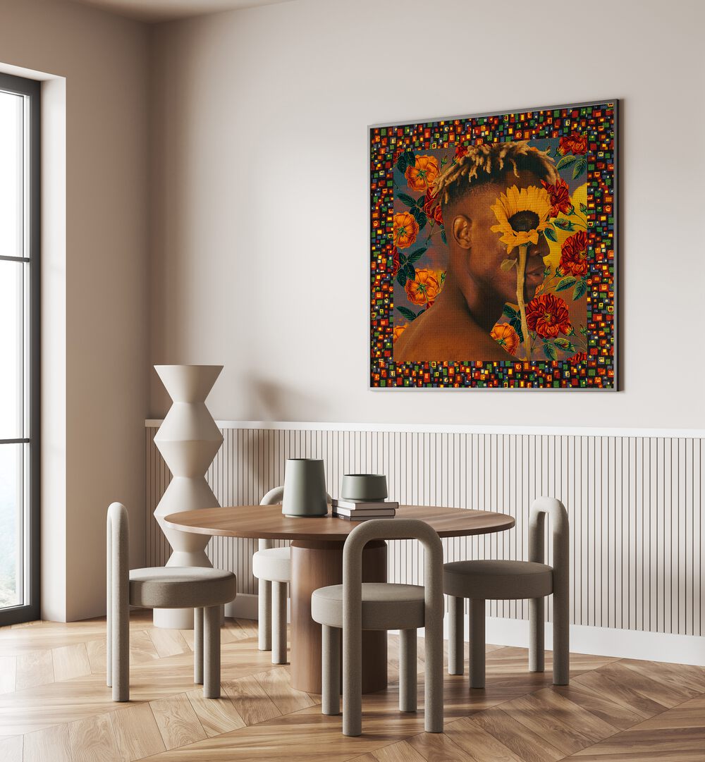 Flower Boy ii By Cosmo Zach Surreal Art Prints Surrealism in Black Plain Frame placed on a wall behind a dining table