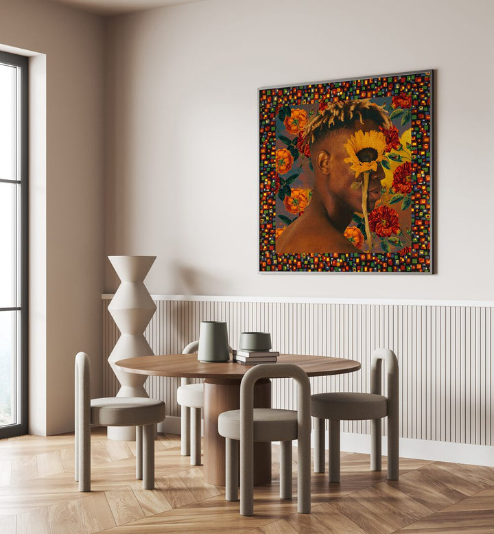 Flower Boy ii By Cosmo Zach Surreal Art Prints Surrealism in Black Plain Frame placed on a wall behind a dining table