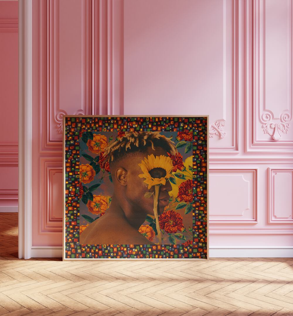 Flower Boy ii By Cosmo Zach Surreal Art Prints Surrealism in Oak Wood Plain Frame placed on a floor beside a winow