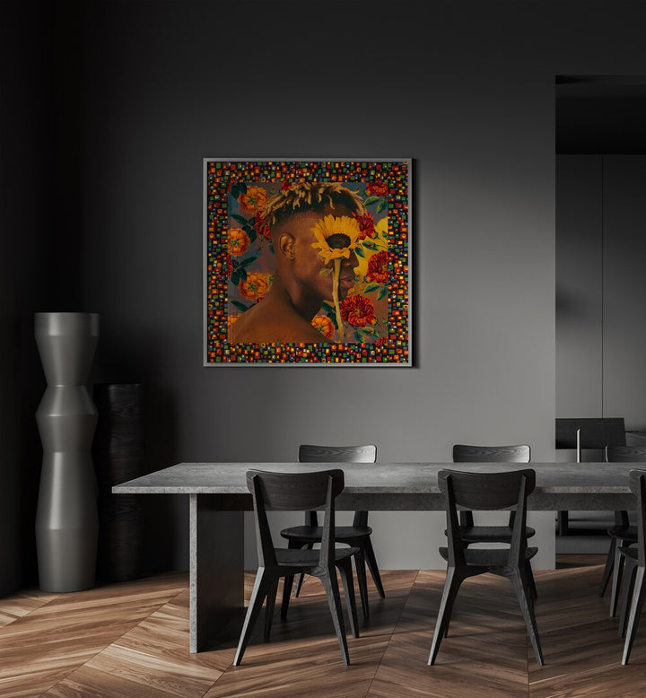 Flower Boy ii By Cosmo Zach Surreal Art Prints Surrealism in Black Plain Frame placed on a wall behind a table