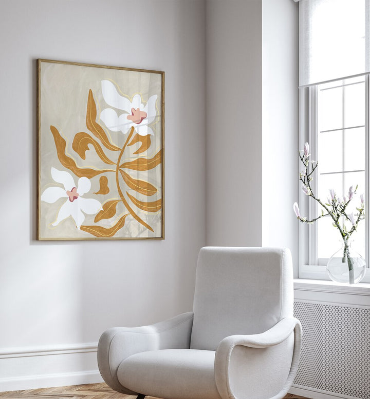 Flower Flower By Arty Guava Wall Art Prints in Oak Wood Plain Frame placed on a White Colored Wall in the Drawing Room