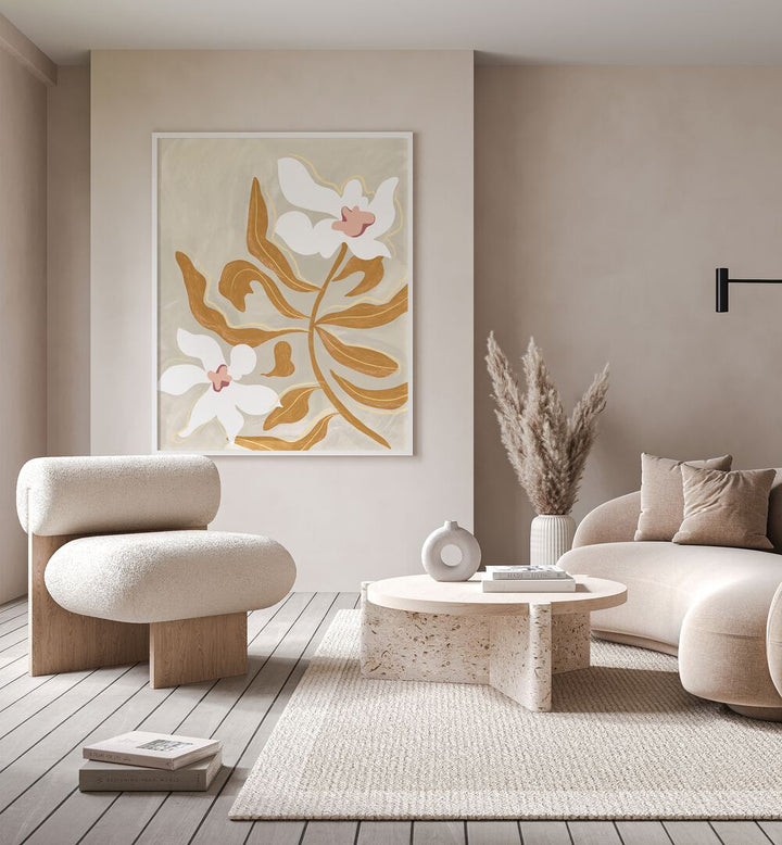 Flower Flower By Arty Guava Wall Art Prints in White Plain Frame placed on a Beige Colored Wall near a Beige Sofa in the Living Room