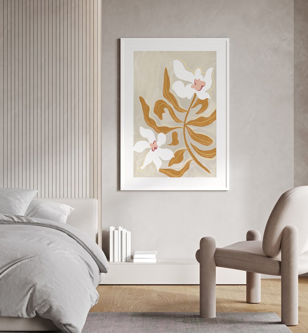 Flower Flower By Arty Guava Wall Art Prints in White Frame With Mount placed on a Cream Colored Wall near a Bed in the Bedroom