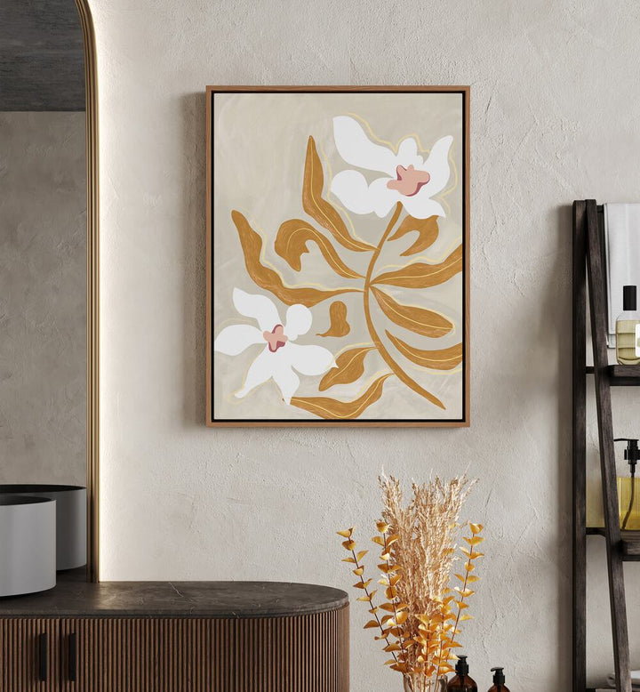 Flower Flower By Arty Guava Wall Art Prints in Oak Wood Floater Frame placed on a Beige Colored Wall in the Drawing Room