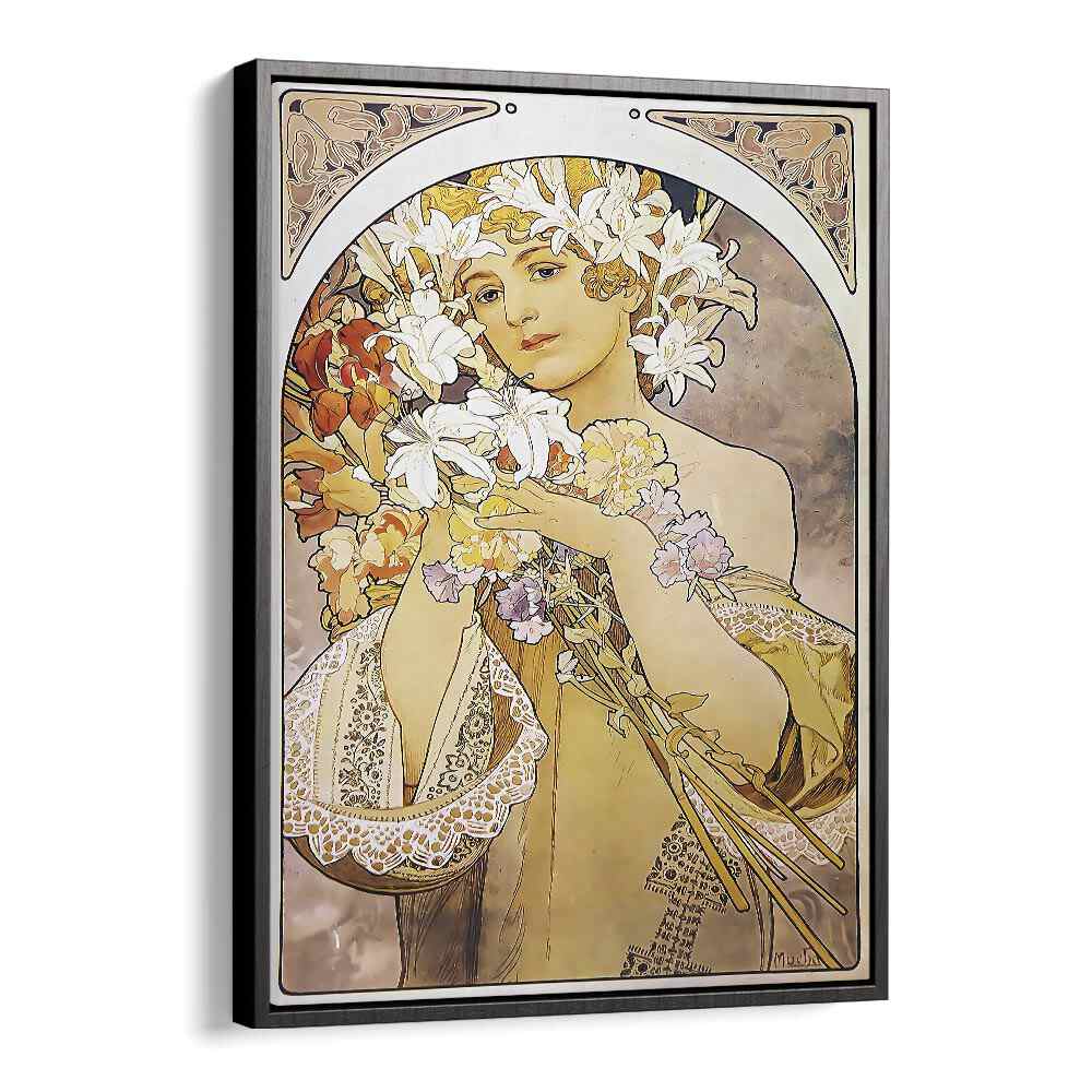 Flower La Fleur 1897 By Alphonse Mucha Vintage Paintings in Black Floater Frame