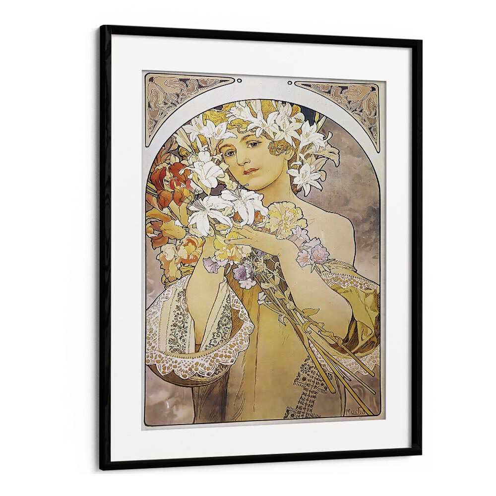 Flower La Fleur 1897 By Alphonse Mucha Vintage Paintings in Black Frame With Mount