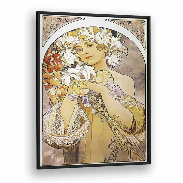 Flower La Fleur 1897 By Alphonse Mucha Vintage Paintings in Black Plain Frame