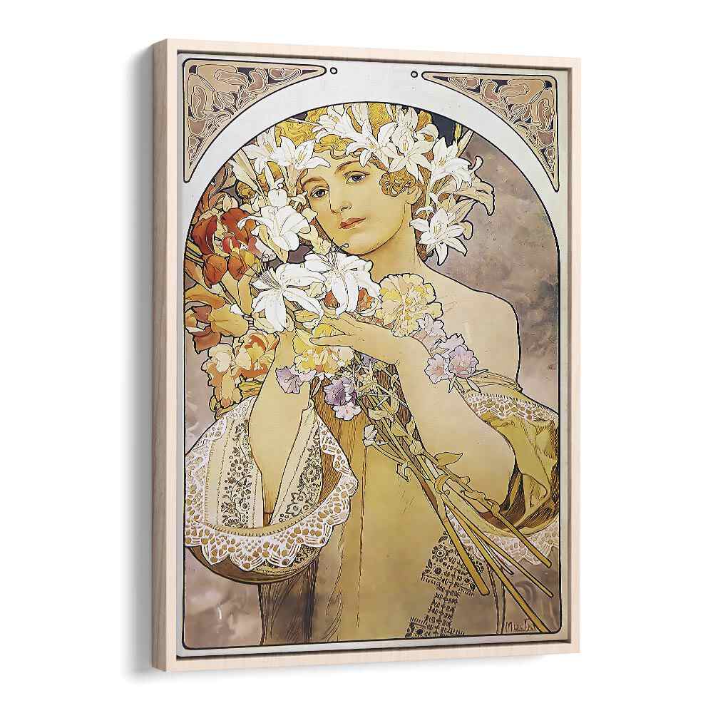 Flower La Fleur 1897 By Alphonse Mucha Vintage Paintings in Oak Wood Floater Frame