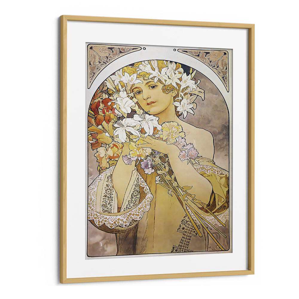 Flower La Fleur 1897 By Alphonse Mucha Vintage Paintings in Oak Wood Frame With Mount