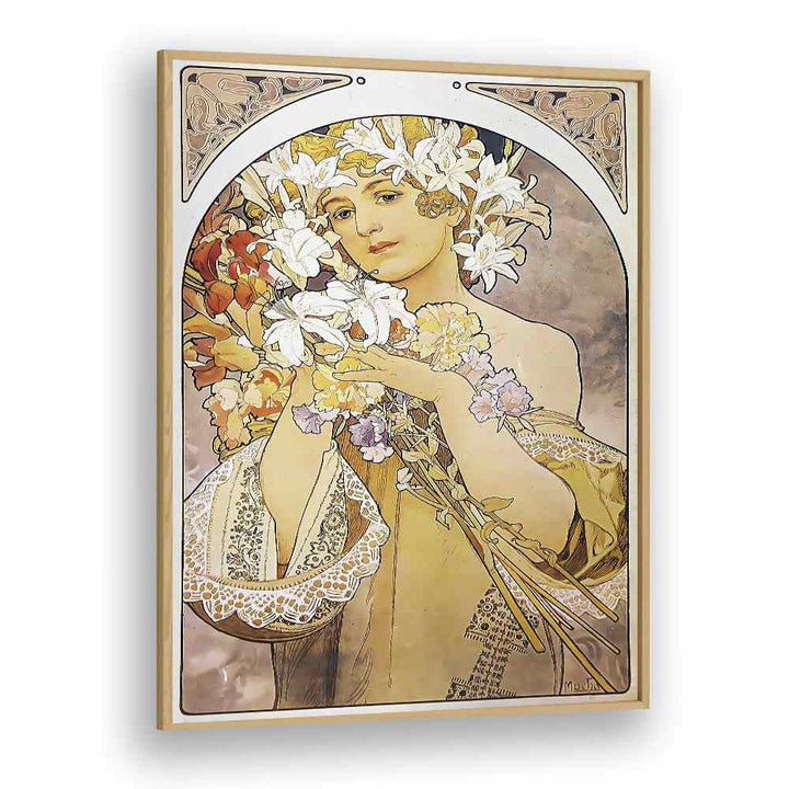 Flower La Fleur 1897 By Alphonse Mucha Vintage Paintings in Oak Wood Plain Frame