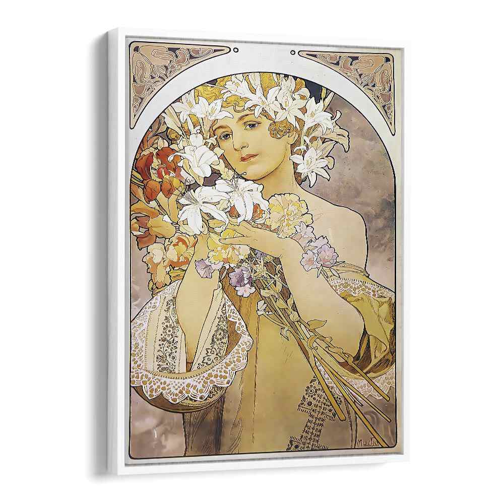 Flower La Fleur 1897 By Alphonse Mucha Vintage Paintings in White Floater Frame