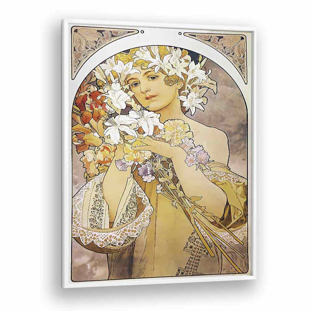 Flower La Fleur 1897 By Alphonse Mucha Vintage Paintings in White Plain Frame