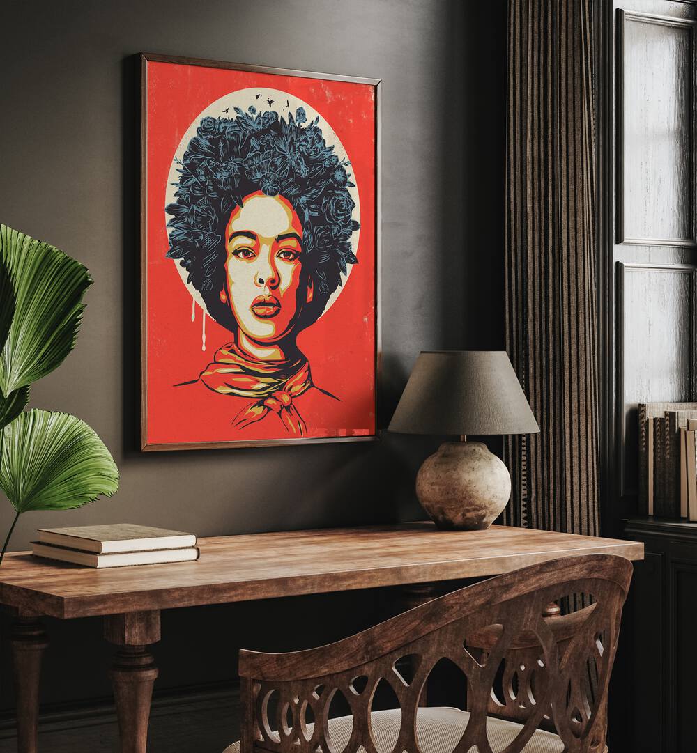 Flower Power By Balazs Solti Woman Art Prints in Dark Wood Plain Frame placed on a Brown Colored Wall near a Study Table in the Drawing Room