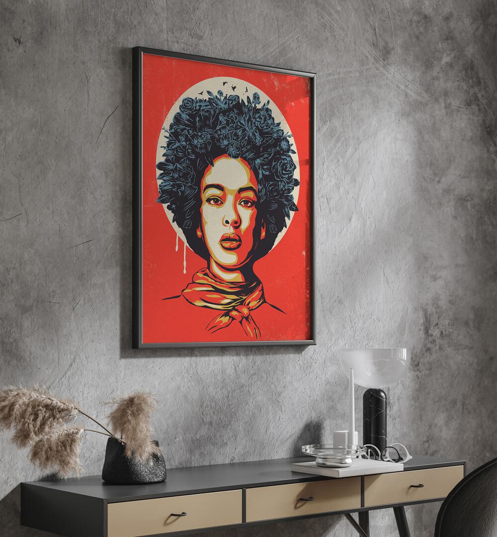 Flower Power By Balazs Solti Woman Art Prints in Black Plain Frame placed on a Dark Grey Colored Wall above a Console Table in the Drawing Room