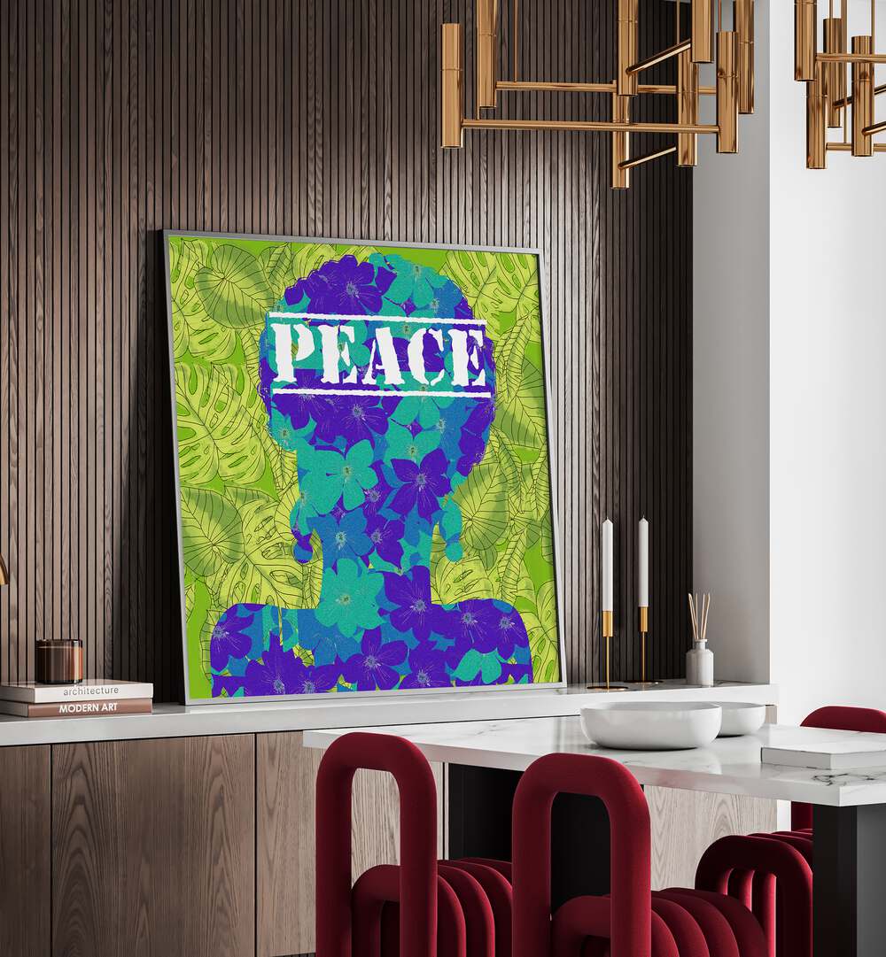 Flower Womanblue By Lynnda Rakos Pop Art Paintings Pop Art Prints in Black Plain Frame on a console table behind a dining table