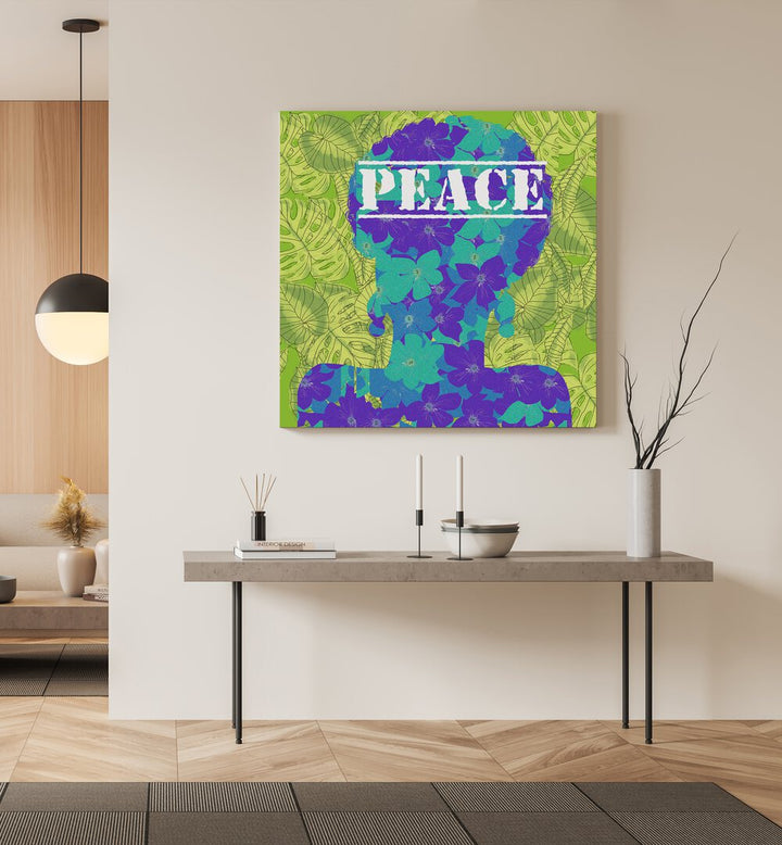 Flower Womanblue By Lynnda Rakos Pop Art Paintings Pop Art Prints in Gallery Wrap placed on a wall behind a table