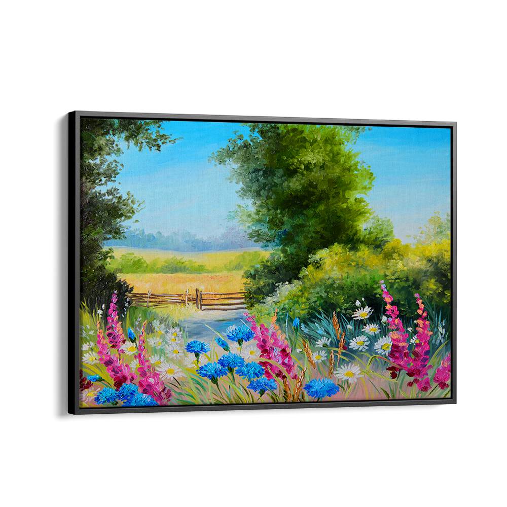 Flowering Pathway Vintage European Paintings in Black Floater Frame