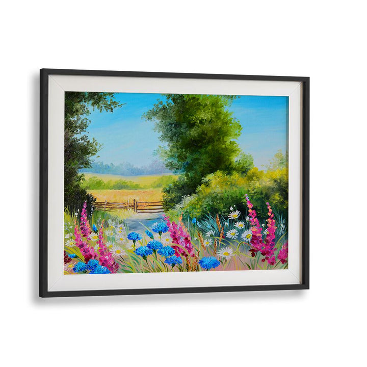 Flowering Pathway Vintage European Paintings in Black Frame With Mount