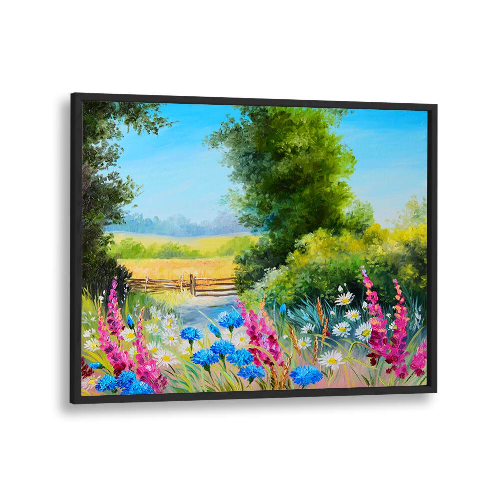 Flowering Pathway Vintage European Paintings in Black Plain Frame